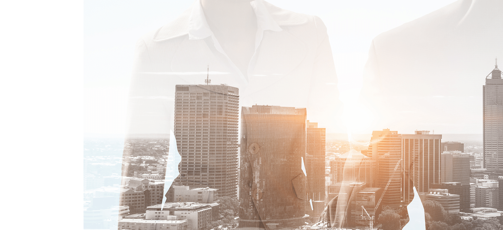 Double exposure of business partners shaking hands and modern cityscape