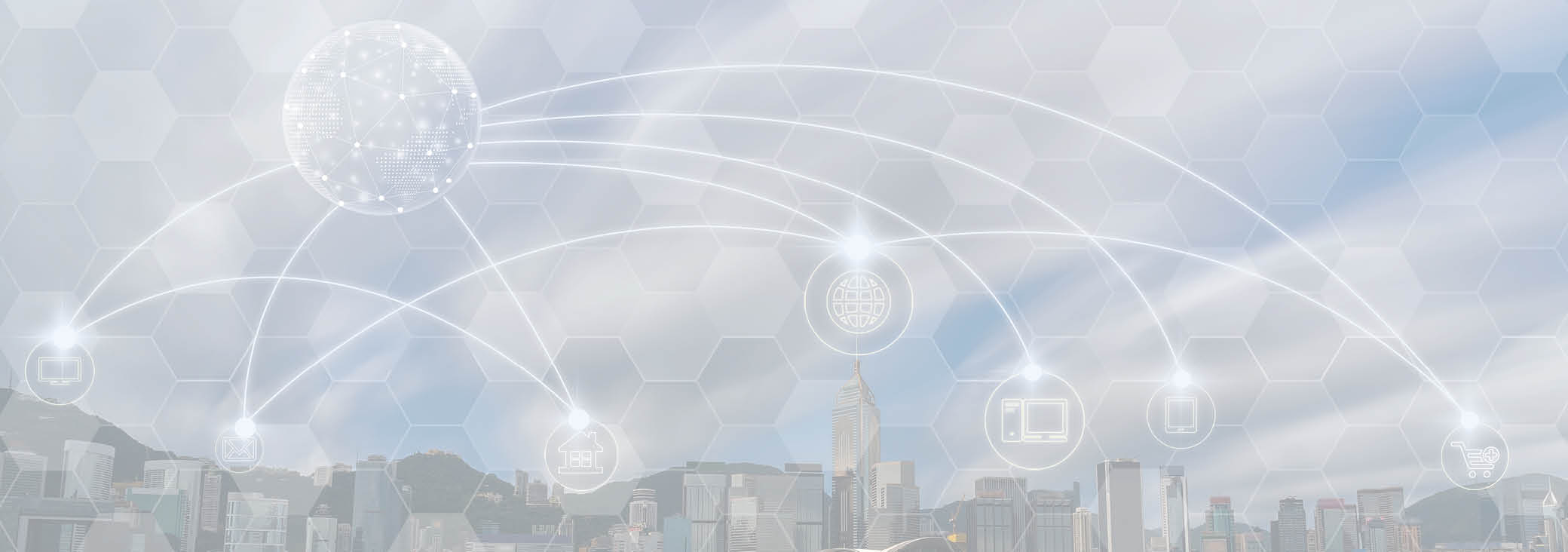 Communication network with multichannel omni channel of Hong Kong Cityscape river side in the afternoon with smooth cloud at Victoria harbour, Technology Smart City with Internet of Things concept