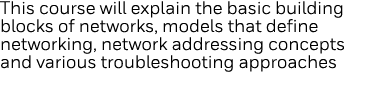 This course will explain the basic building blocks of networks, models that define networking, network addressing con   