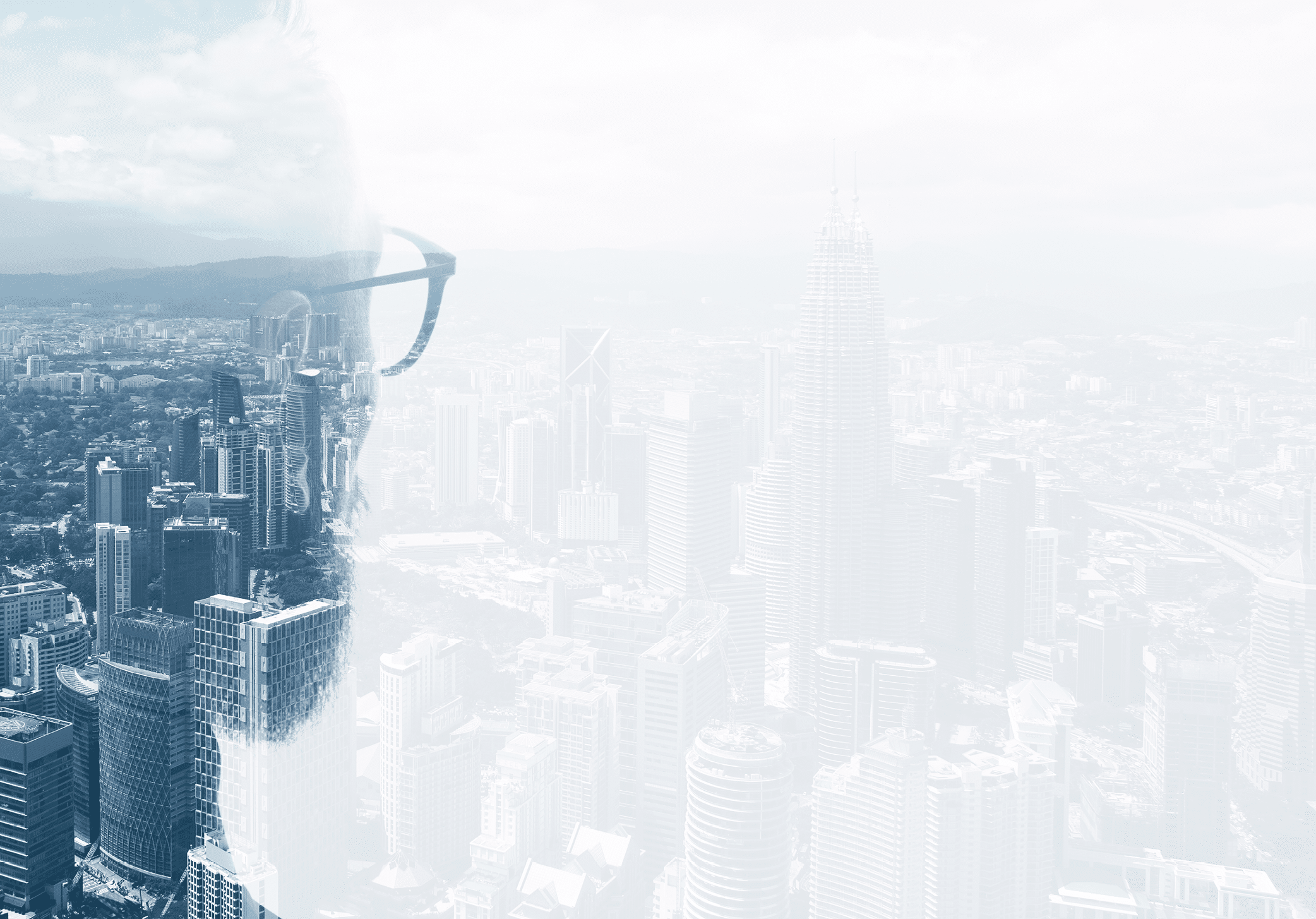 Photo of stylish bearded lawyer wearing trendy suit and looking city  Double exposure, panoramic view contemporary City background  Space for your business message 