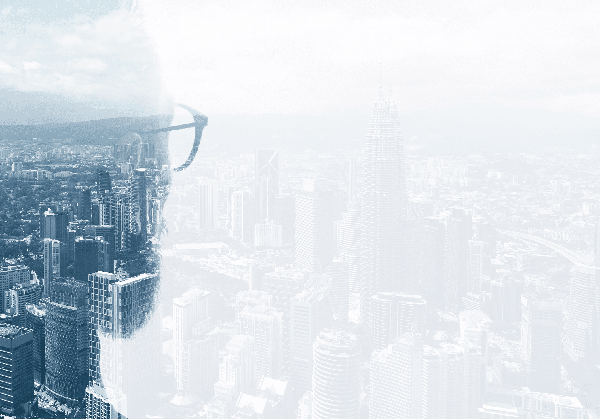 Photo of stylish bearded lawyer wearing trendy suit and looking city  Double exposure, panoramic view contemporary City background  Space for your business message 
