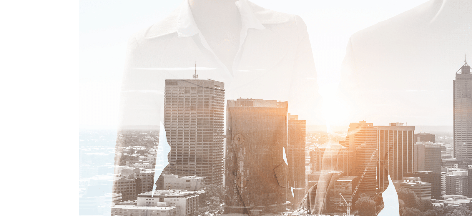 Double exposure of business partners shaking hands and modern cityscape